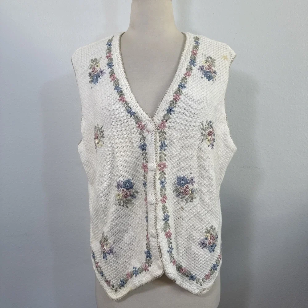 Vtg Studio Vest Womens‎ XL Floral Embroidered Knit Cottagecore Boho Nostalgic